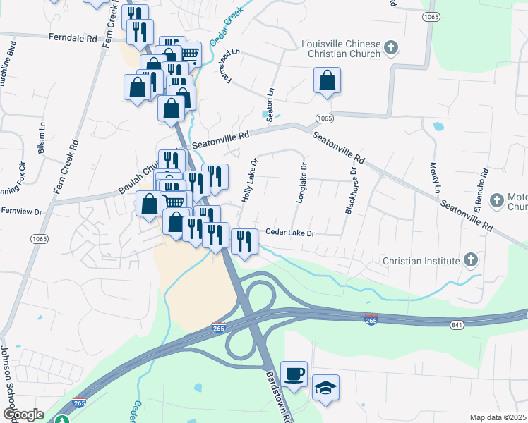 map of restaurants, bars, coffee shops, grocery stores, and more near 6903 Cedar Lake Court in Louisville