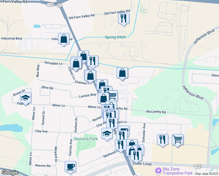 map of restaurants, bars, coffee shops, grocery stores, and more near ERIC Court Place in Louisville