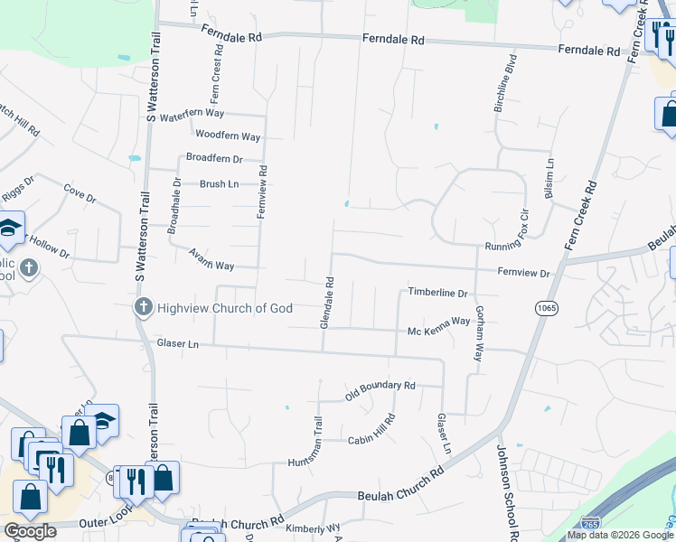 map of restaurants, bars, coffee shops, grocery stores, and more near 6909 Glendale Road in Louisville
