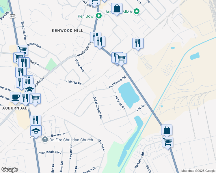 map of restaurants, bars, coffee shops, grocery stores, and more near 7202 York River Road in Louisville