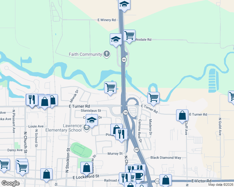 map of restaurants, bars, coffee shops, grocery stores, and more near 536 Yokuts Drive in Lodi