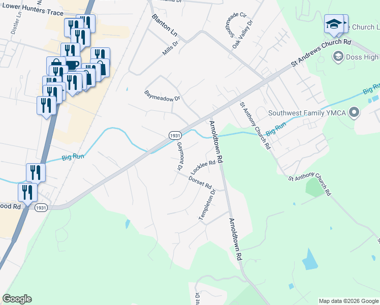 map of restaurants, bars, coffee shops, grocery stores, and more near 7214 Arnoldtown Road in Louisville
