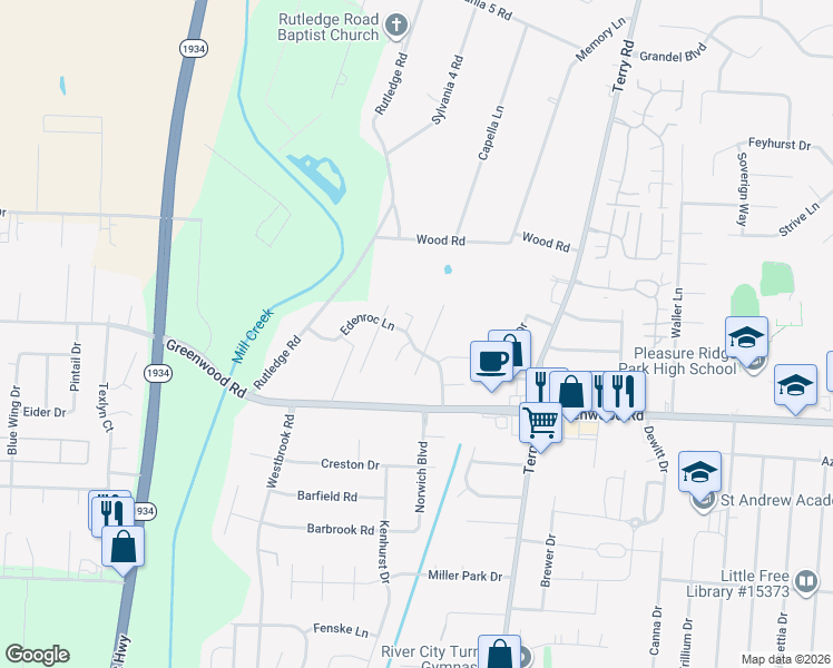 map of restaurants, bars, coffee shops, grocery stores, and more near 7306 Edenroc Lane in Louisville