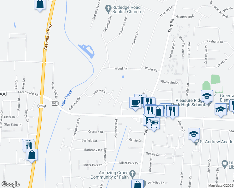 map of restaurants, bars, coffee shops, grocery stores, and more near 7406 Maurer Lane in Louisville