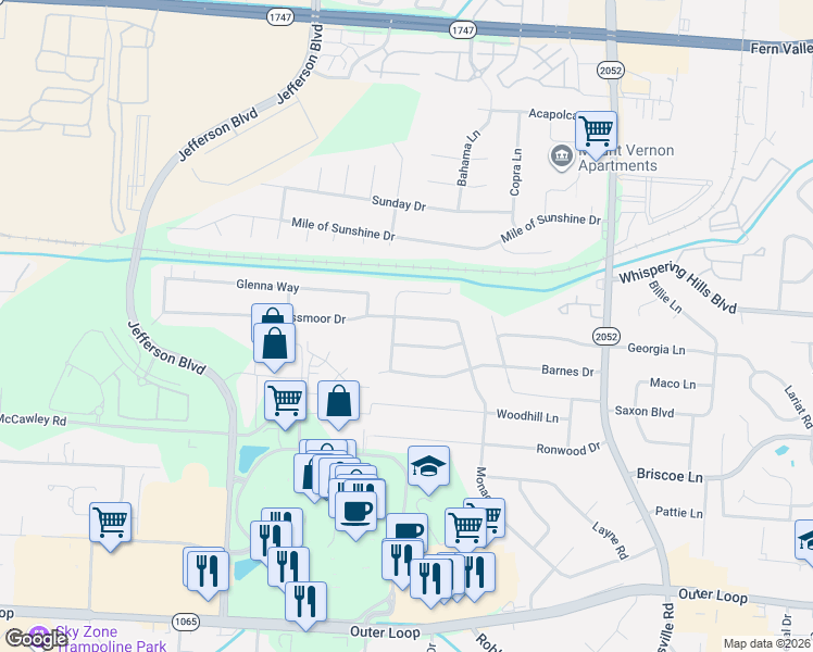 map of restaurants, bars, coffee shops, grocery stores, and more near 5002 Dreamers Way in Louisville