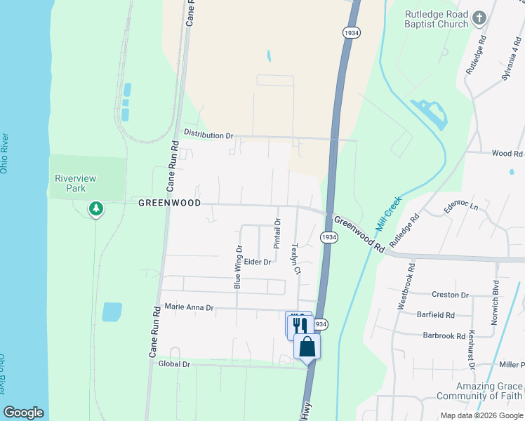 map of restaurants, bars, coffee shops, grocery stores, and more near 7503 Mallard Drive in Louisville