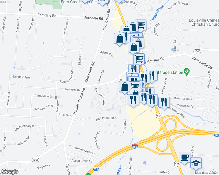 map of restaurants, bars, coffee shops, grocery stores, and more near 9127 Pine Springs Drive in Louisville