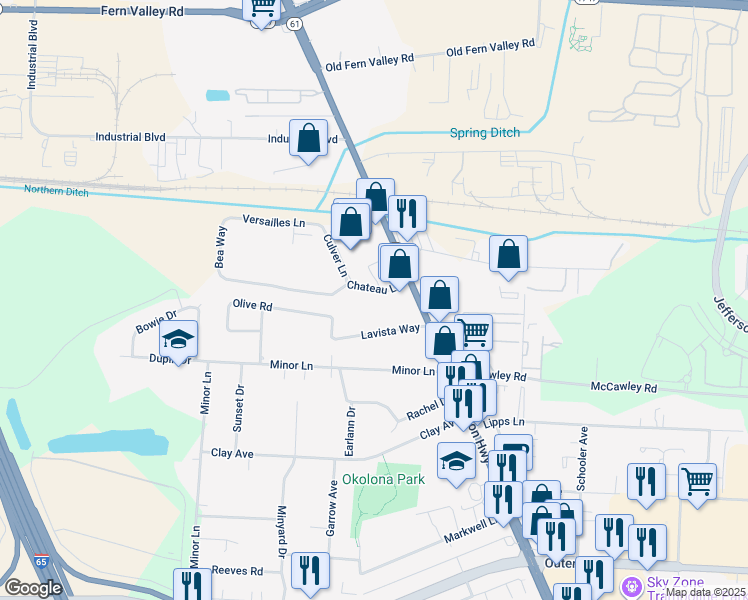 map of restaurants, bars, coffee shops, grocery stores, and more near 1117 Lavista Way in Louisville
