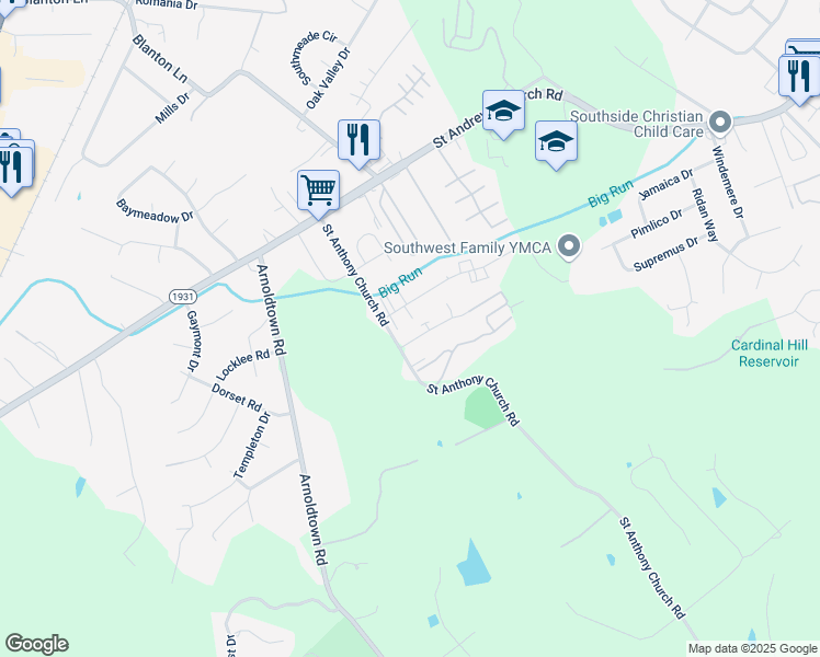 map of restaurants, bars, coffee shops, grocery stores, and more near 3220 Springfield Drive in Louisville
