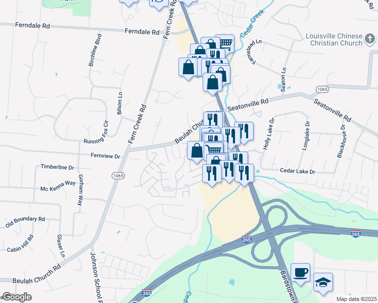 map of restaurants, bars, coffee shops, grocery stores, and more near 9203 Pine Springs Drive in Louisville