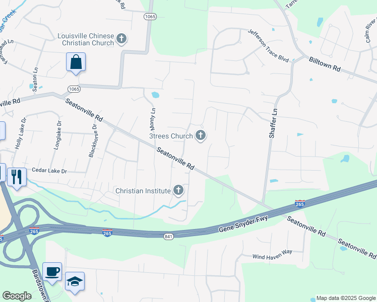 map of restaurants, bars, coffee shops, grocery stores, and more near 6617 El Rancho Road in Louisville