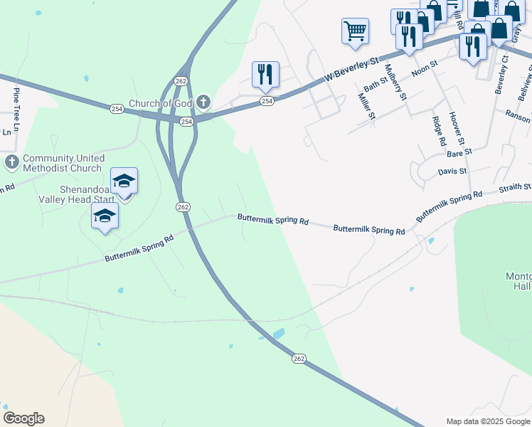 map of restaurants, bars, coffee shops, grocery stores, and more near 623 Buttermilk Spring Road in Staunton