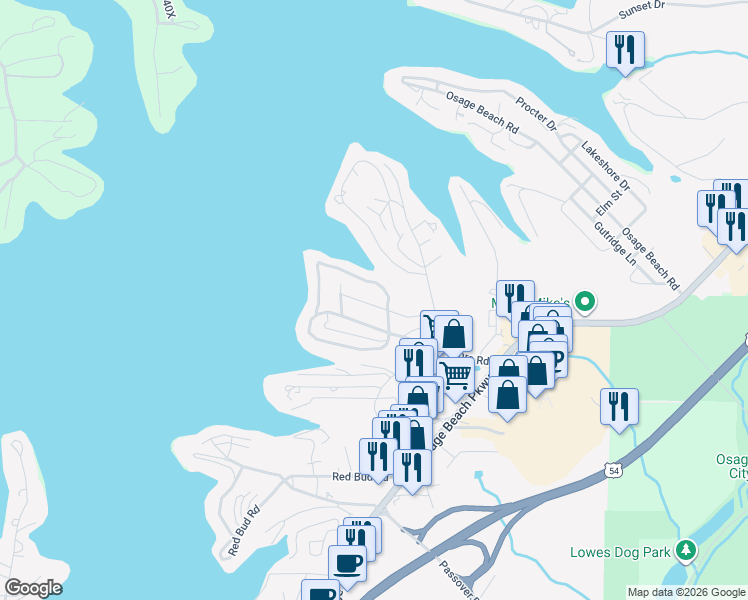 map of restaurants, bars, coffee shops, grocery stores, and more near 1201 Greenwood Circle in Osage Beach