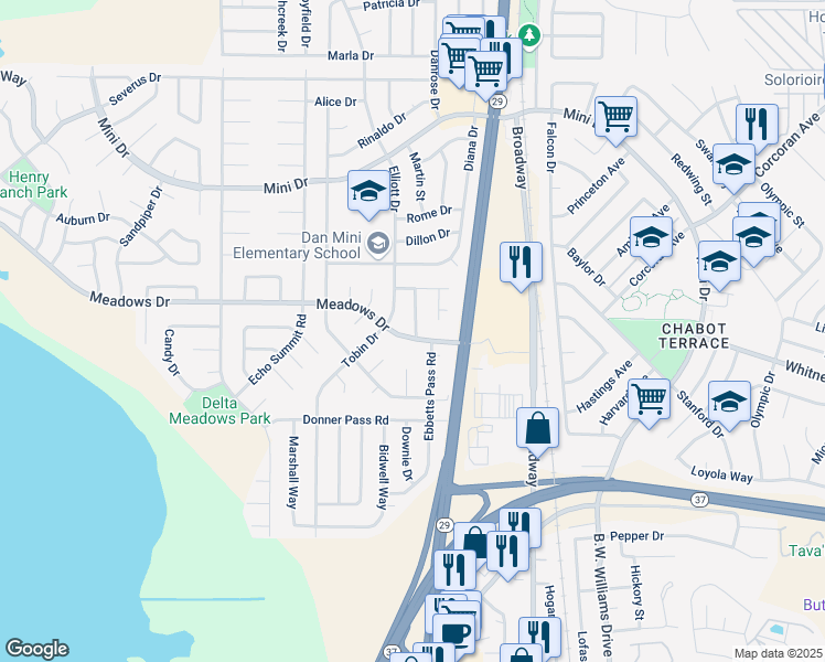 map of restaurants, bars, coffee shops, grocery stores, and more near 170 Meadows Drive in Vallejo