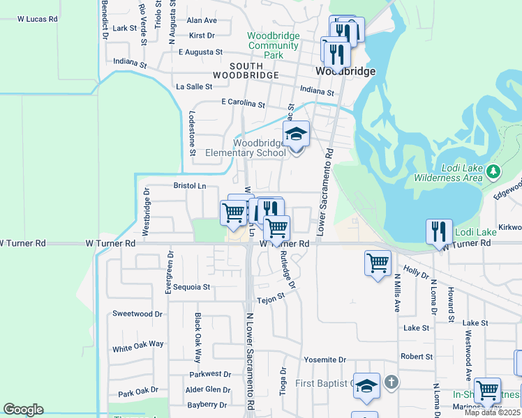 map of restaurants, bars, coffee shops, grocery stores, and more near 2400 Eilers Lane in Lodi