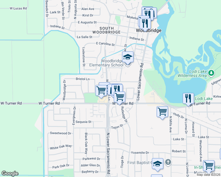 map of restaurants, bars, coffee shops, grocery stores, and more near 2400 Eilers Lane in Lodi
