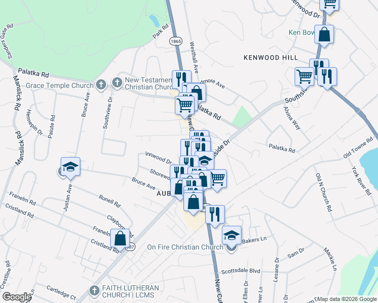 map of restaurants, bars, coffee shops, grocery stores, and more near 5440 New Cut Road in Louisville
