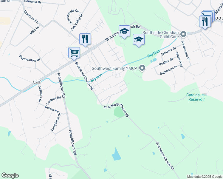 map of restaurants, bars, coffee shops, grocery stores, and more near 3105 Springfield Drive in Louisville