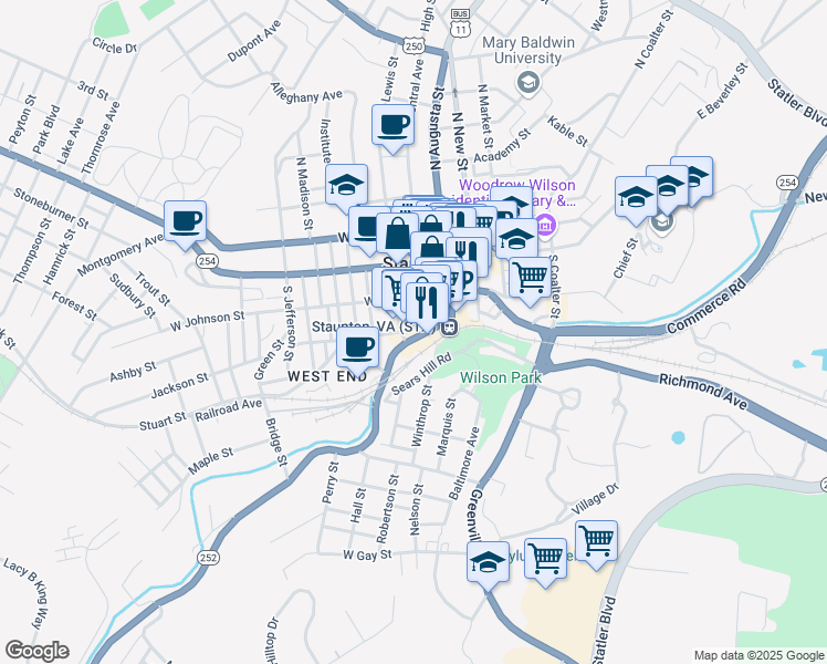 map of restaurants, bars, coffee shops, grocery stores, and more near 16 Byers Street in Staunton