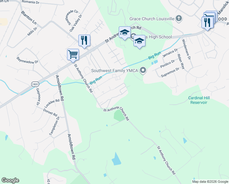 map of restaurants, bars, coffee shops, grocery stores, and more near 3105 Springfield Drive in Louisville