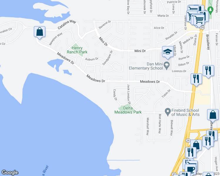 map of restaurants, bars, coffee shops, grocery stores, and more near 121 Azalea Court in Vallejo