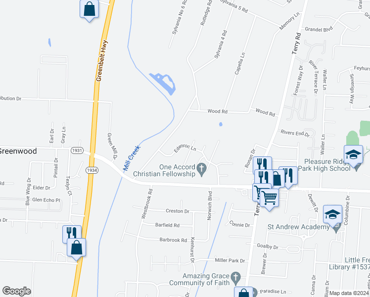 map of restaurants, bars, coffee shops, grocery stores, and more near 7405 Edenroc Lane in Louisville