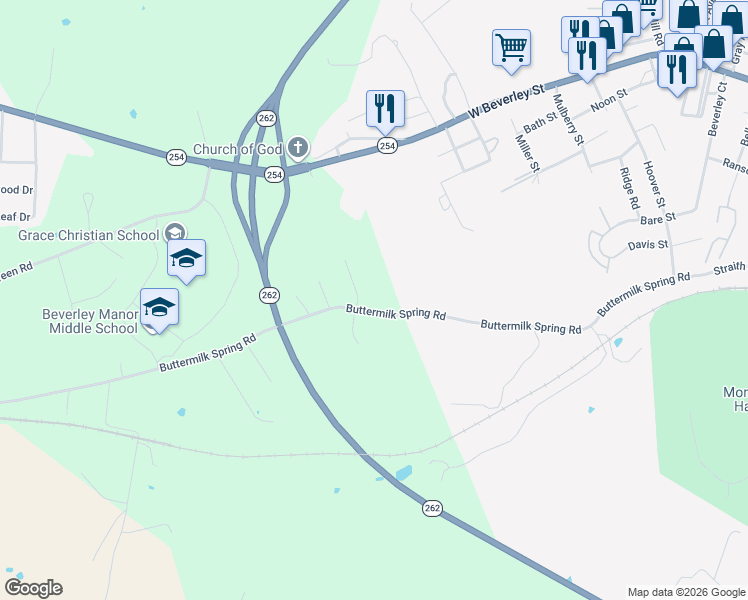 map of restaurants, bars, coffee shops, grocery stores, and more near 623 Buttermilk Spring Road in Staunton