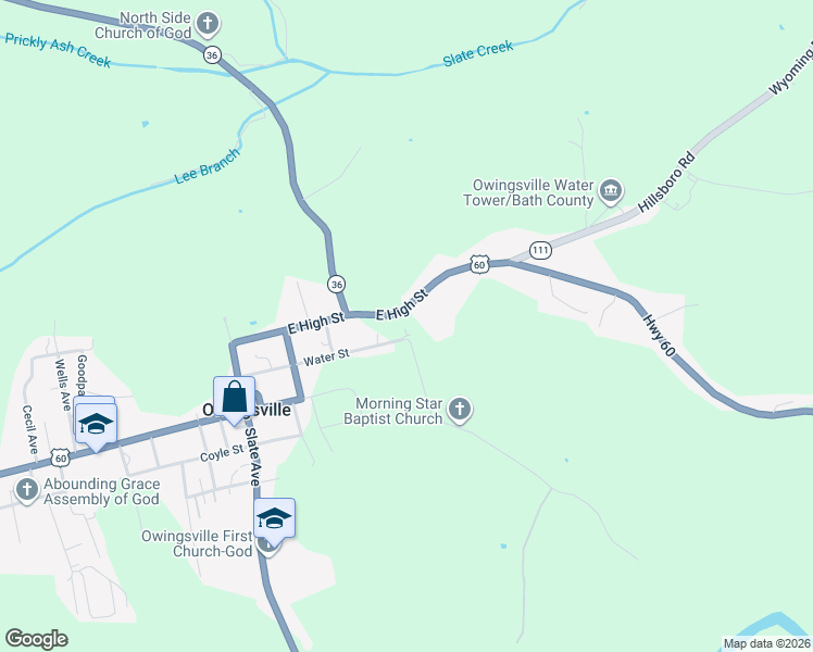 map of restaurants, bars, coffee shops, grocery stores, and more near 521 East High Street in Owingsville