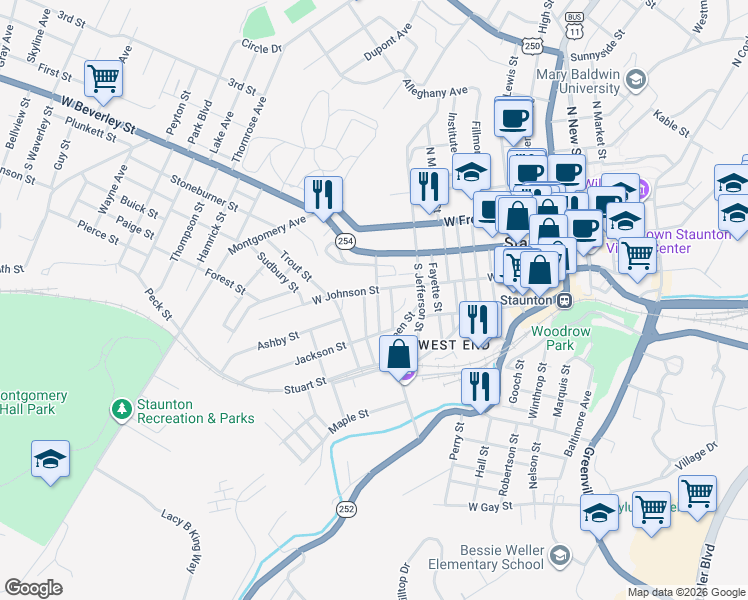 map of restaurants, bars, coffee shops, grocery stores, and more near 901 West Johnson Street in Staunton