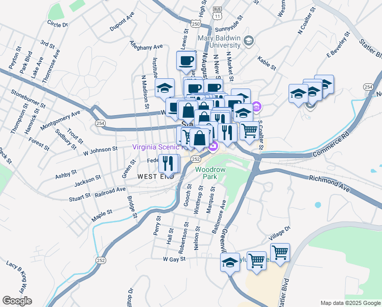 map of restaurants, bars, coffee shops, grocery stores, and more near 121 South Lewis Street in Staunton