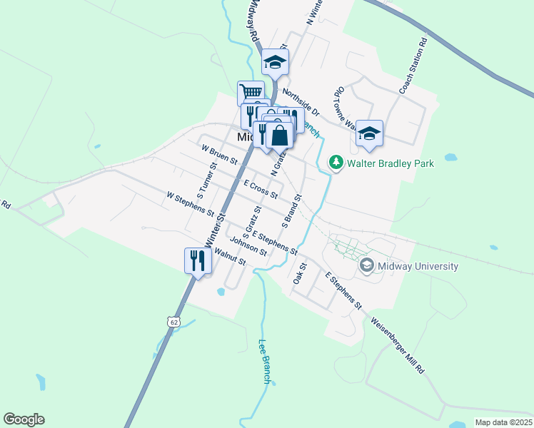 map of restaurants, bars, coffee shops, grocery stores, and more near 131 South Gratz Street in Midway