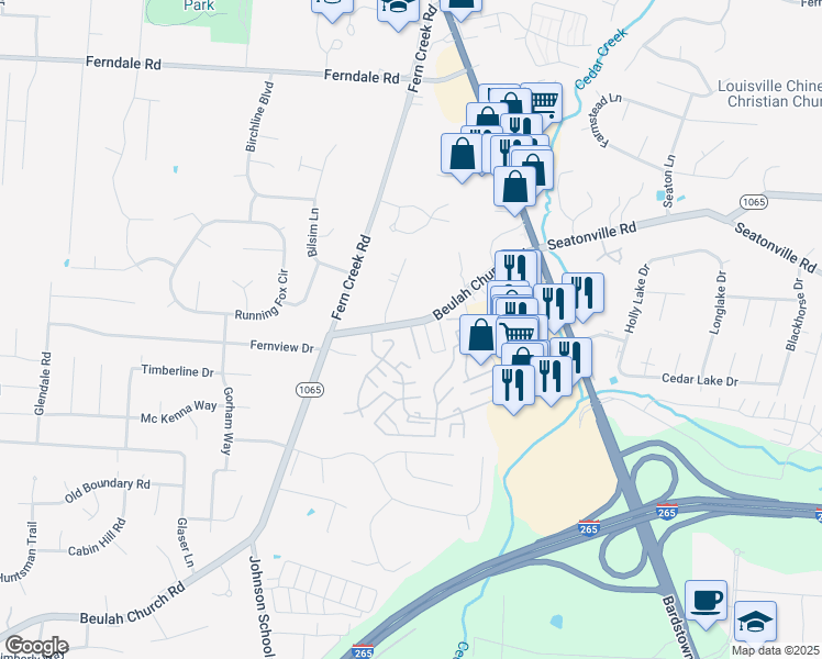 map of restaurants, bars, coffee shops, grocery stores, and more near 9113 Beulah Church Road in Louisville