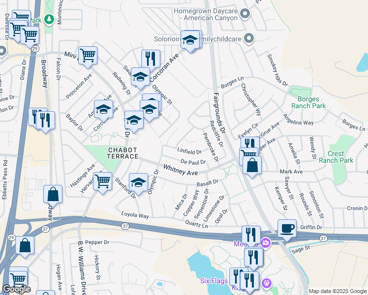 map of restaurants, bars, coffee shops, grocery stores, and more near 318 Linfield Drive in Vallejo