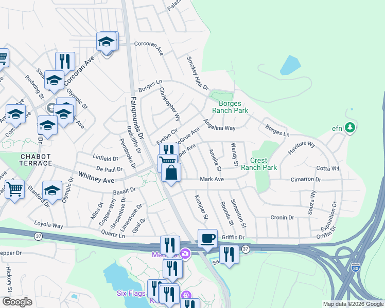 map of restaurants, bars, coffee shops, grocery stores, and more near 166 Janice Street in Vallejo