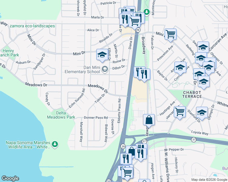 map of restaurants, bars, coffee shops, grocery stores, and more near 973 Elliott Drive in Vallejo