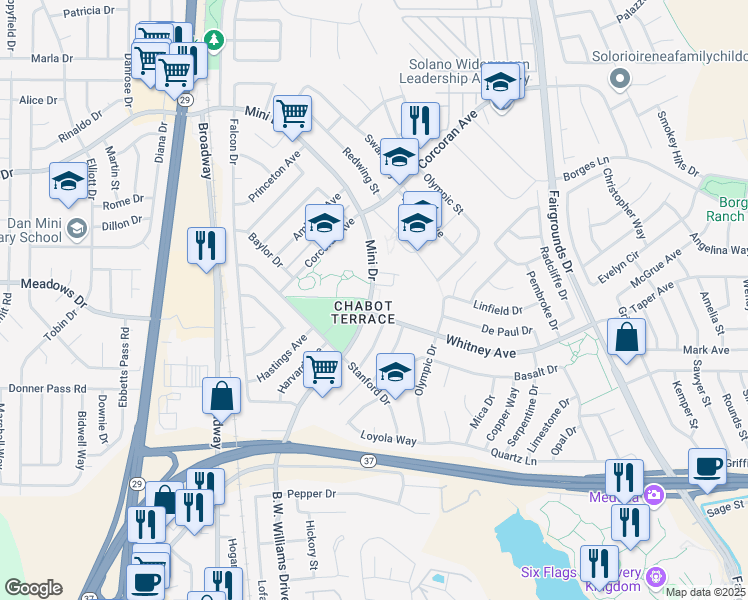 map of restaurants, bars, coffee shops, grocery stores, and more near 100 Whitney Avenue in Vallejo