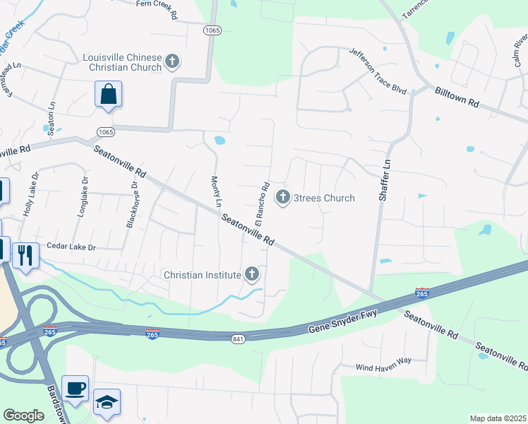 map of restaurants, bars, coffee shops, grocery stores, and more near 6703 El Rancho Road in Louisville