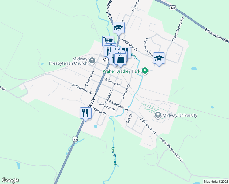 map of restaurants, bars, coffee shops, grocery stores, and more near 131 South Gratz Street in Midway