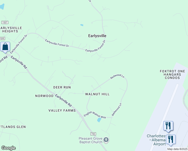 map of restaurants, bars, coffee shops, grocery stores, and more near 1550 Heather Field Lane in Earlysville