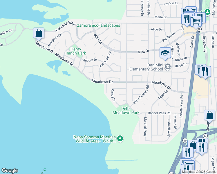 map of restaurants, bars, coffee shops, grocery stores, and more near 461 Meadows Drive in Vallejo