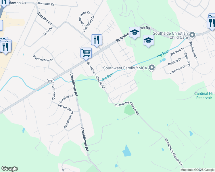 map of restaurants, bars, coffee shops, grocery stores, and more near 3204 Fordhaven Road in Louisville