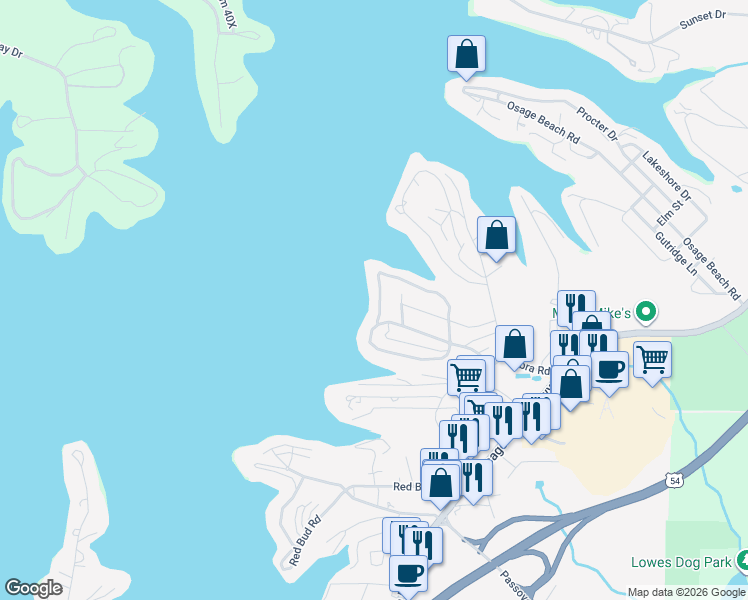 map of restaurants, bars, coffee shops, grocery stores, and more near 1201 Greenwood Circle in Osage Beach