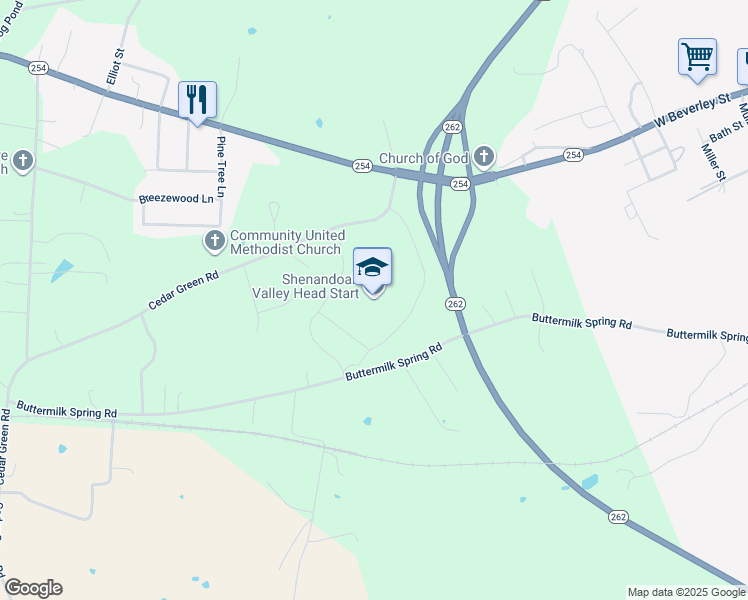 map of restaurants, bars, coffee shops, grocery stores, and more near 116 Cedar Green Road in Staunton