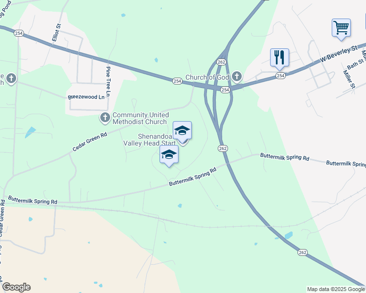 map of restaurants, bars, coffee shops, grocery stores, and more near 116 Cedar Green Road in Staunton