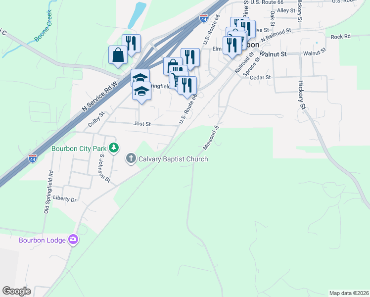 map of restaurants, bars, coffee shops, grocery stores, and more near 325 Historic U.S. 66 in Bourbon