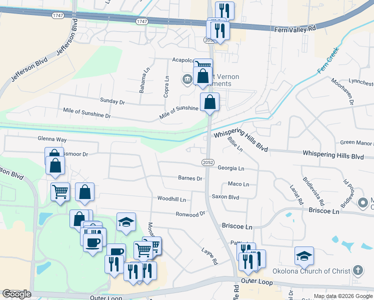 map of restaurants, bars, coffee shops, grocery stores, and more near 5301 Carolina Crossings Way in Louisville
