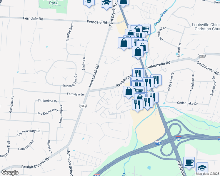 map of restaurants, bars, coffee shops, grocery stores, and more near 9113 Beulah Church Road in Louisville