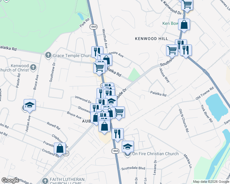 map of restaurants, bars, coffee shops, grocery stores, and more near 7328 Southside Drive in Louisville