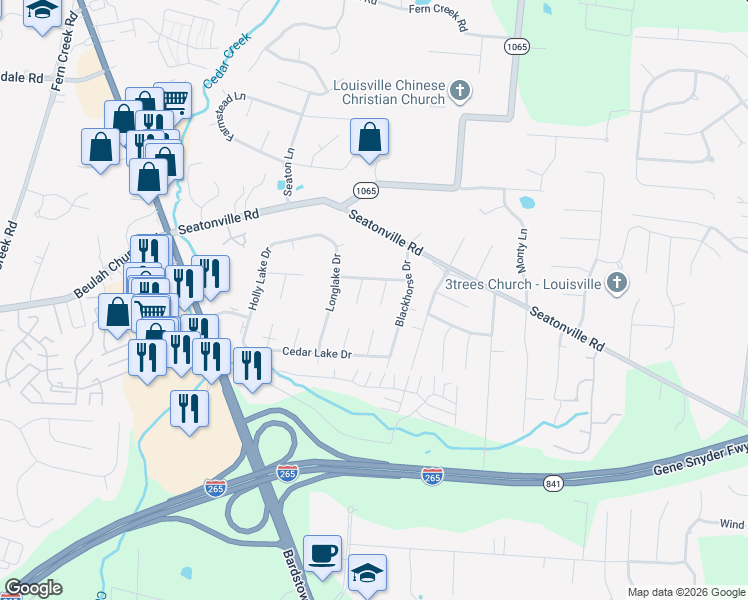 map of restaurants, bars, coffee shops, grocery stores, and more near 6803 Lake Elkhorn Court in Louisville
