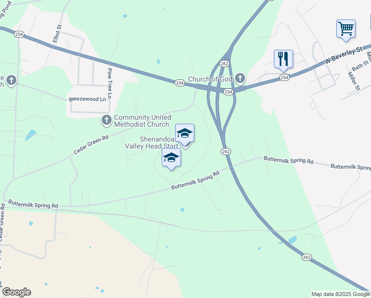 map of restaurants, bars, coffee shops, grocery stores, and more near 58 Cedar Green Road in Staunton